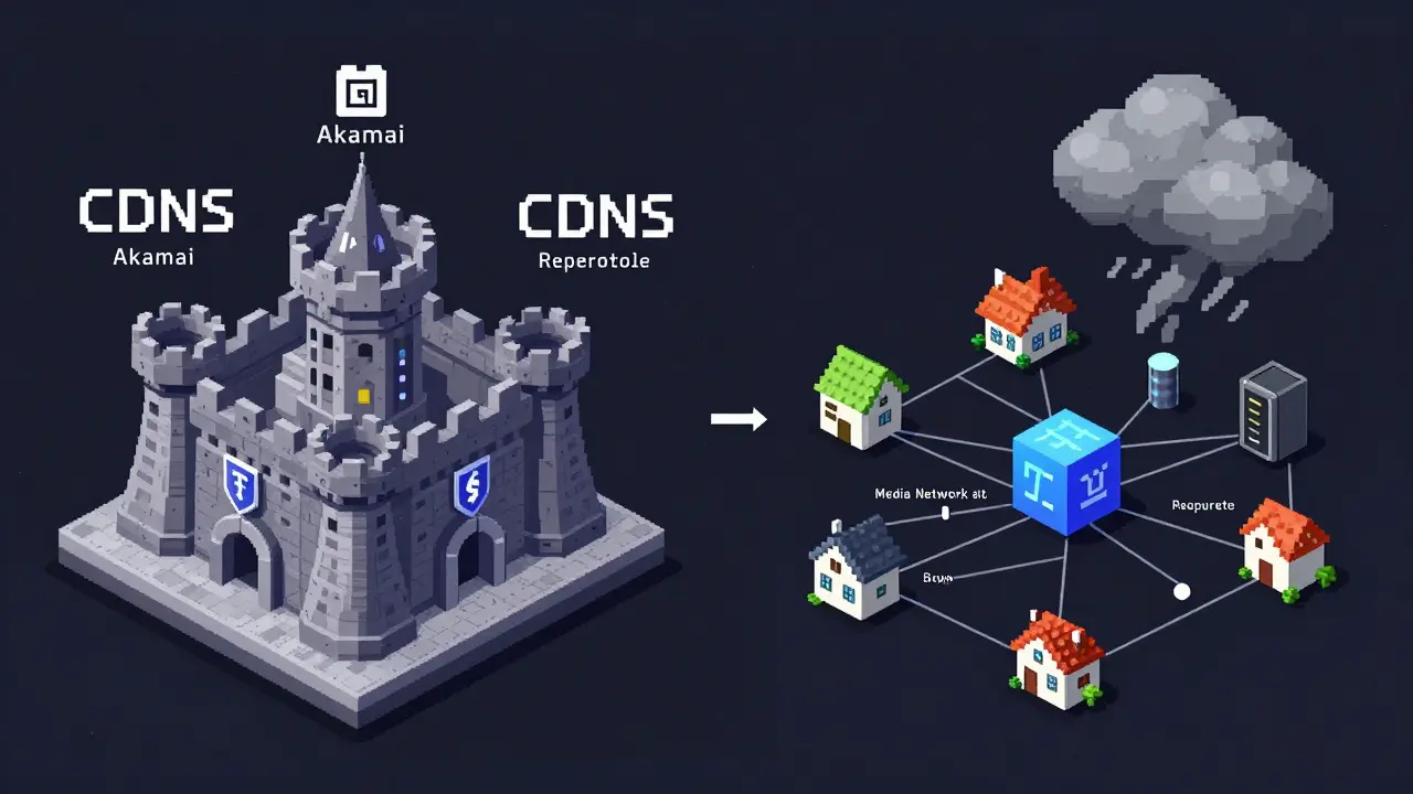 Pixel art comparing fortified central servers vs loose decentralized node clusters
