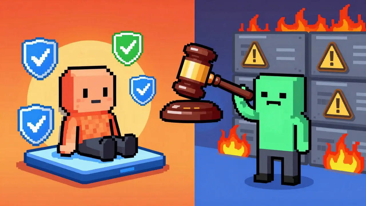 Pixel art comparing safe vs risky crypto trading options