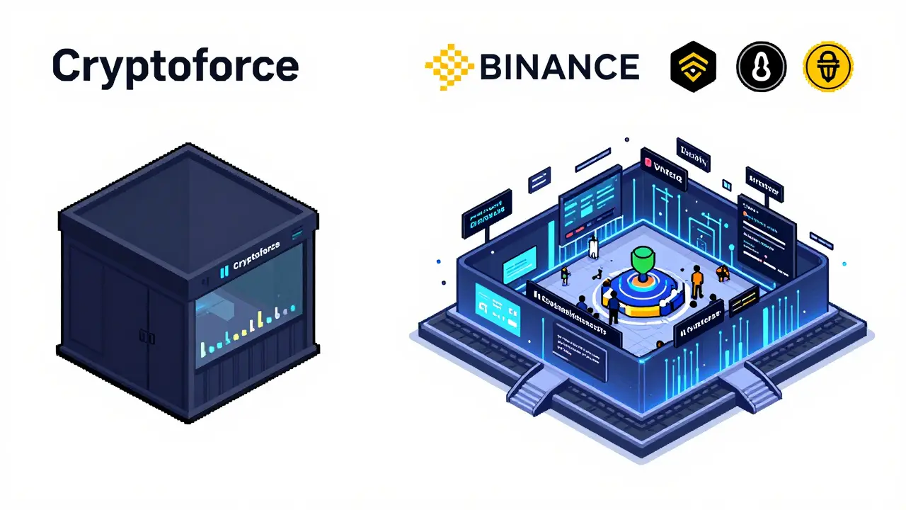 Pixel art comparing small risky exchange with large secure global platform