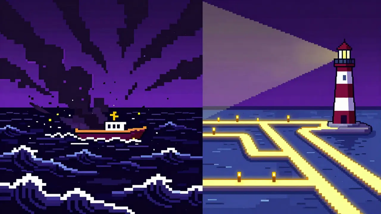 Pixel art comparing volatile crypto markets with stable asset tokenization