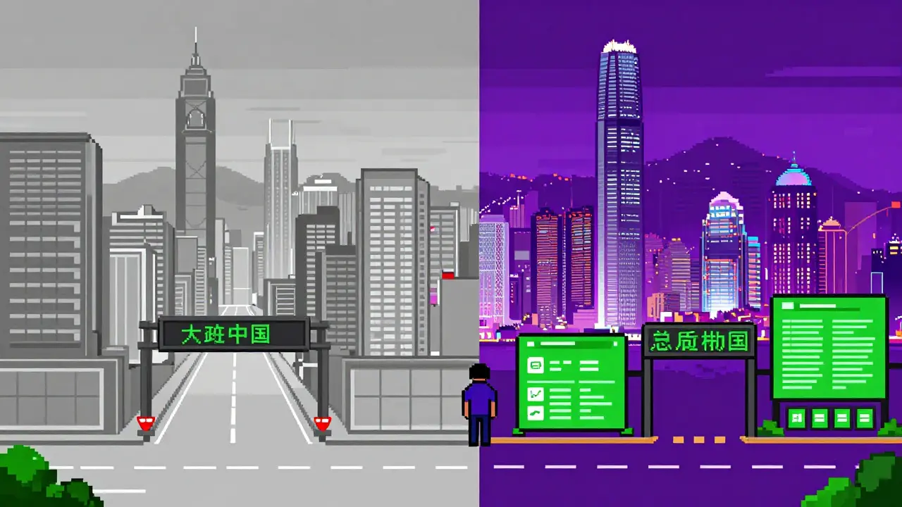 Pixel art contrasting banned mainland China with regulated HK