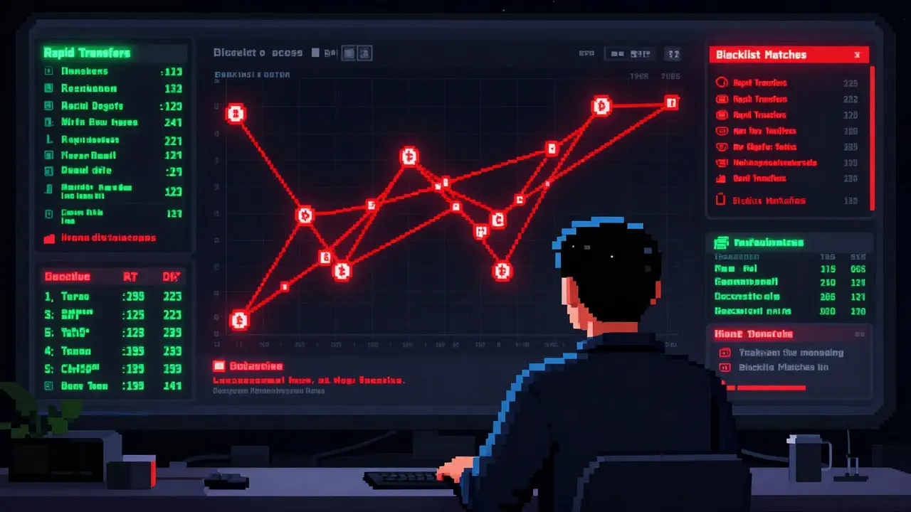 Pixel art dashboard showing red alerts for suspicious crypto transactions.