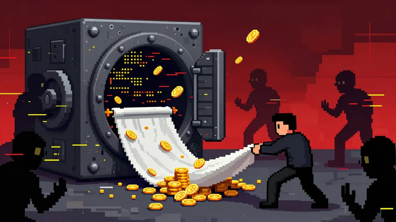 Pixel art depicting hackers breaching a code vault and a rug pull