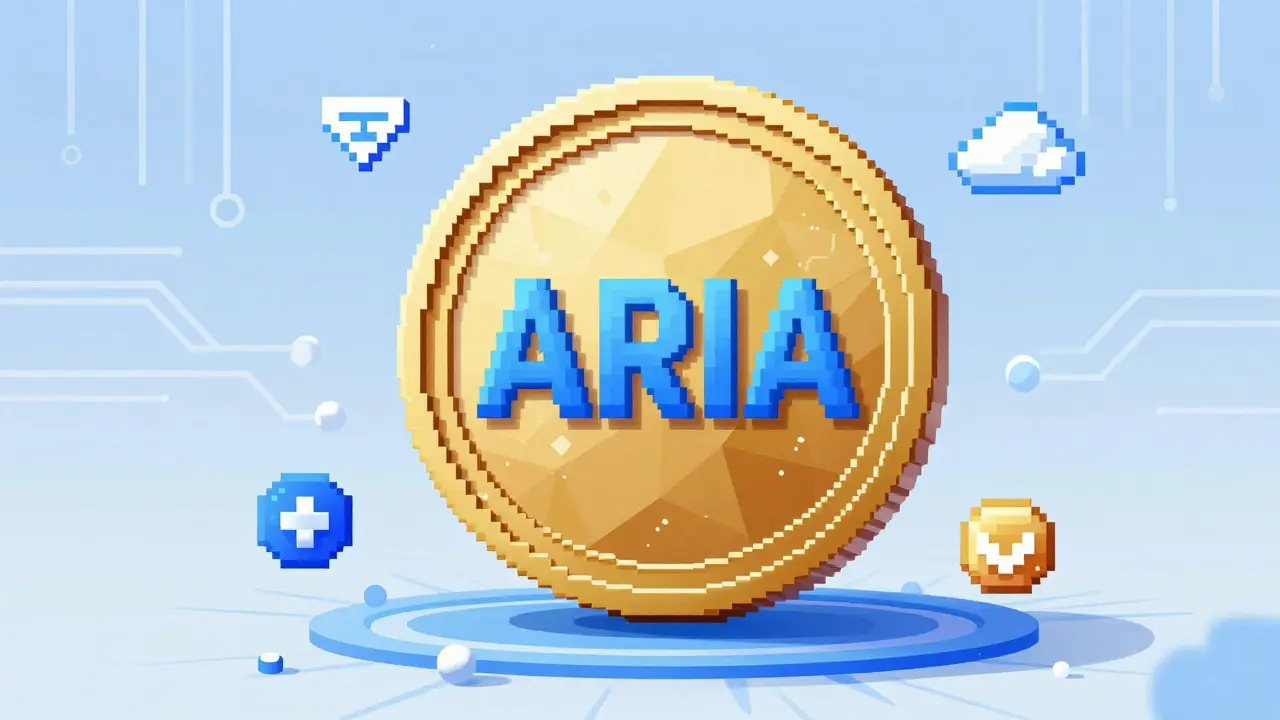 Pixel art depiction of the ARIA crypto token floating over a digital BNB Chain network.