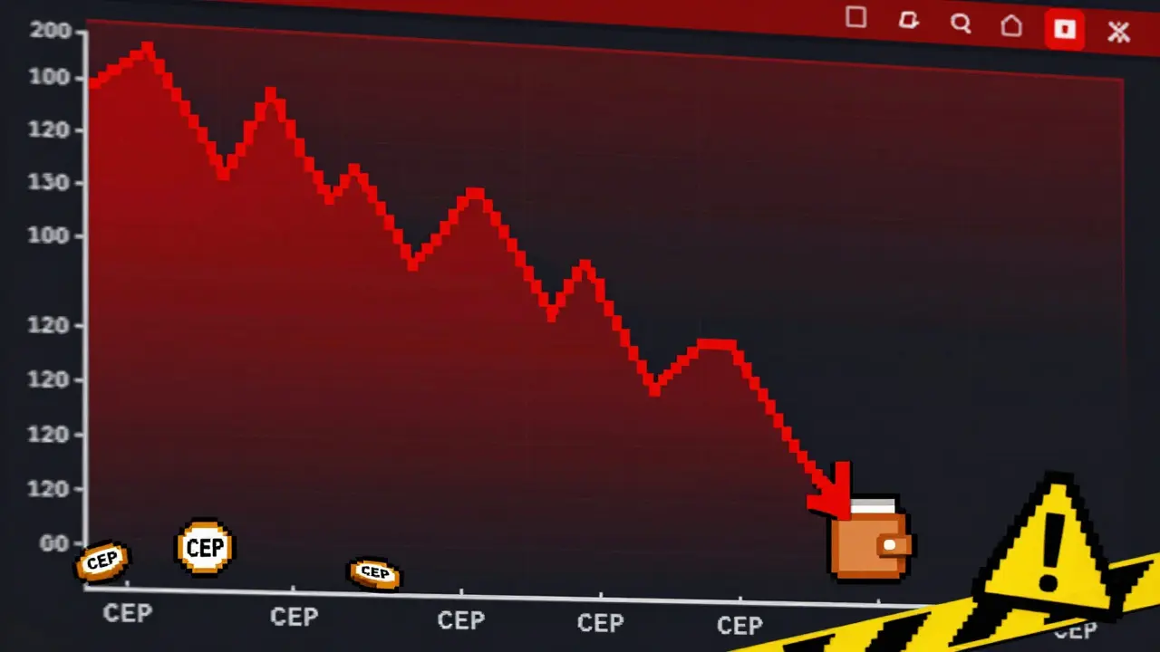Pixel art graph showing steep decline of CEP crypto token