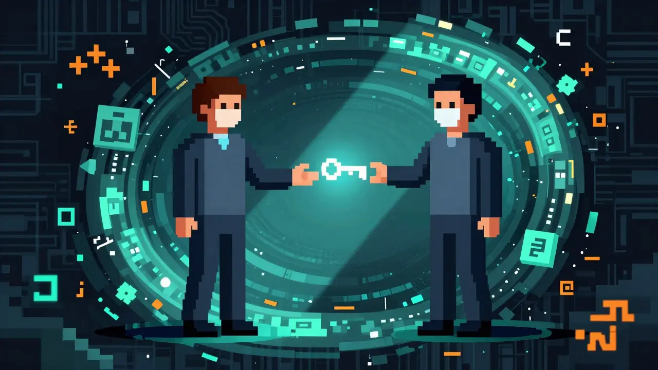 Pixel art illustrating anonymous transaction via zero-knowledge cryptography.