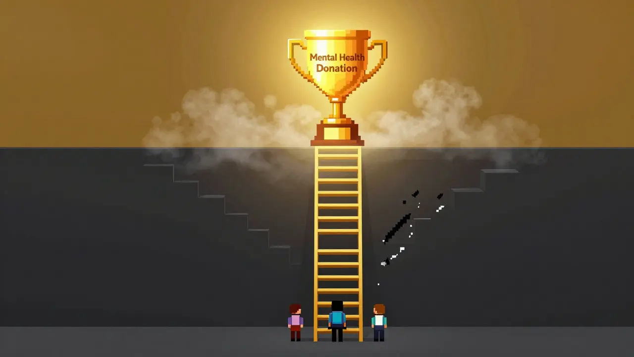 Pixel art ladder to mental health donation goal with broken steps
