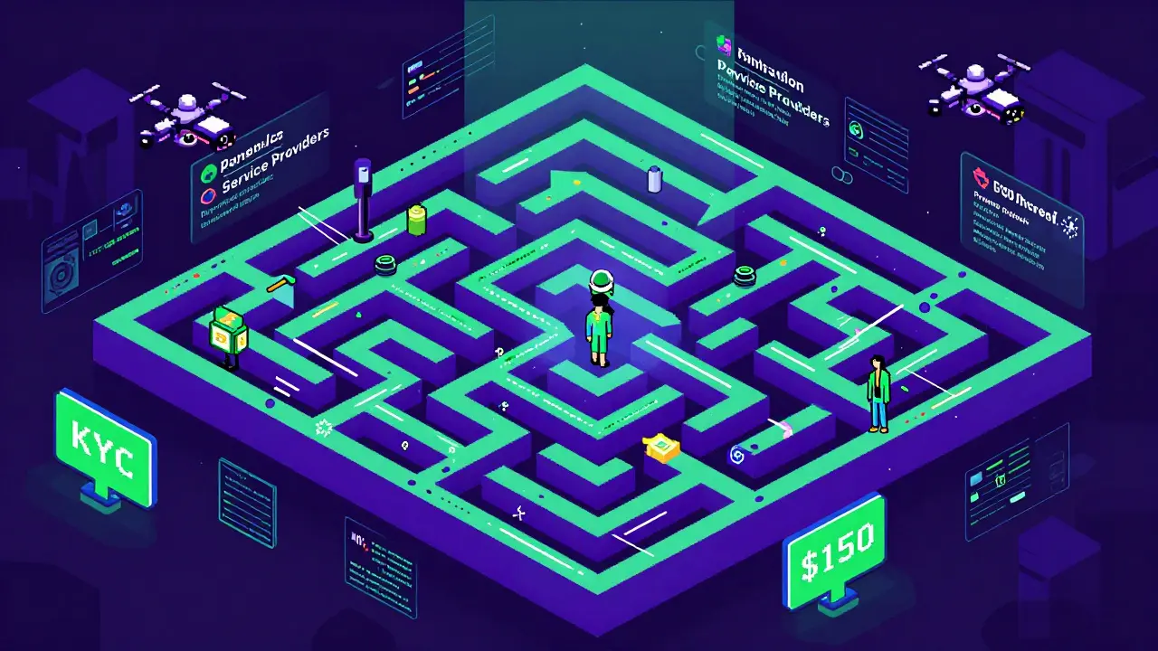 Pixel art maze showing strict KYC checks and transaction thresholds in fintech