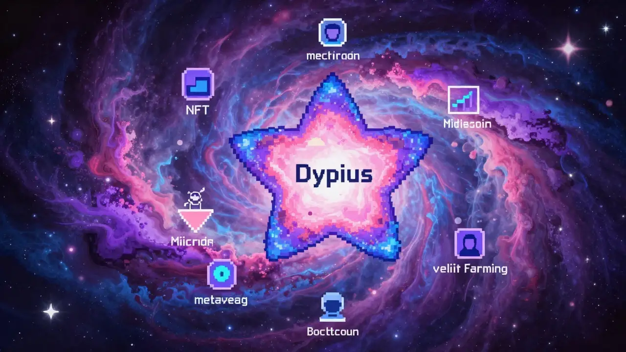 Pixel art nebula transforming into a structured blockchain ecosystem with utilities.