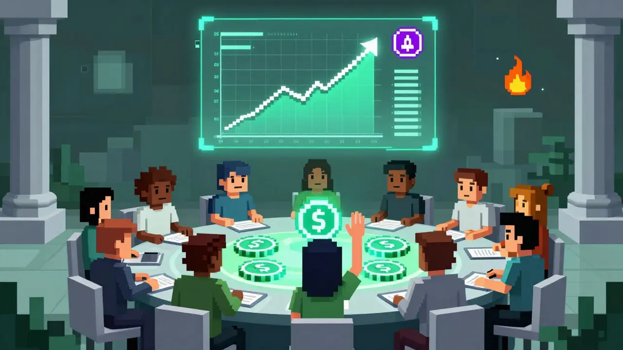 Pixel art of a DAO community voting around a table of glowing APTM tokens.