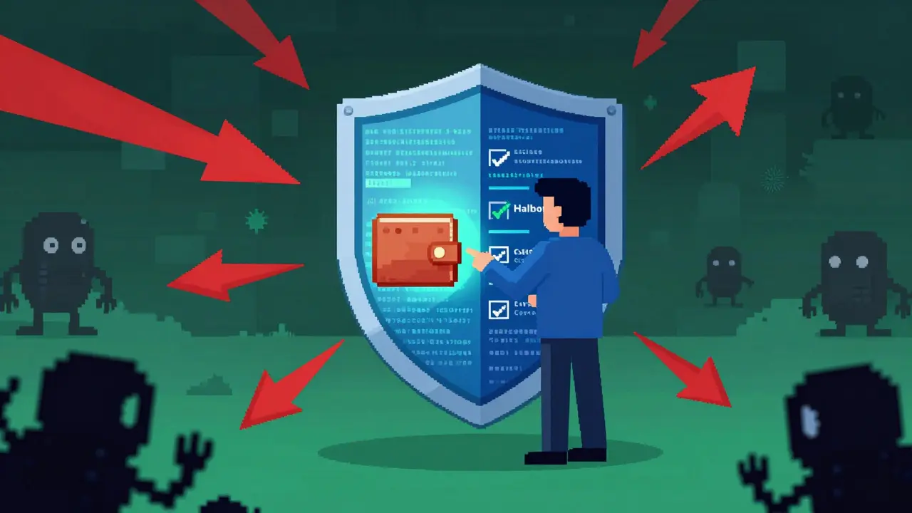 Pixel art of a digital shield protecting a crypto wallet from scams.