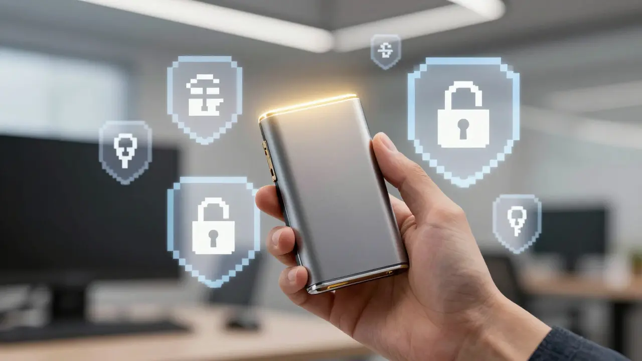 Pixel art of a hardware wallet emitting light, symbolizing secure keys