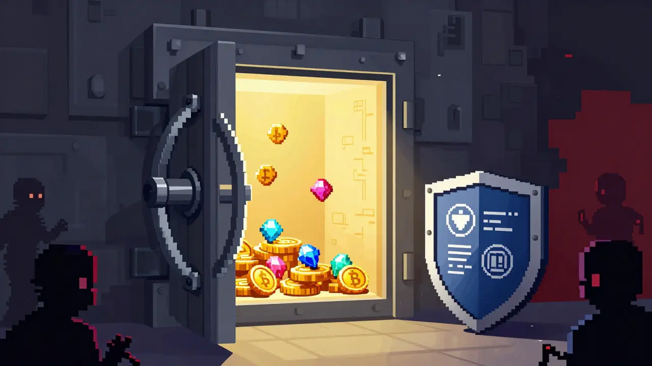 Pixel art of a secure digital vault protecting crypto assets from hackers