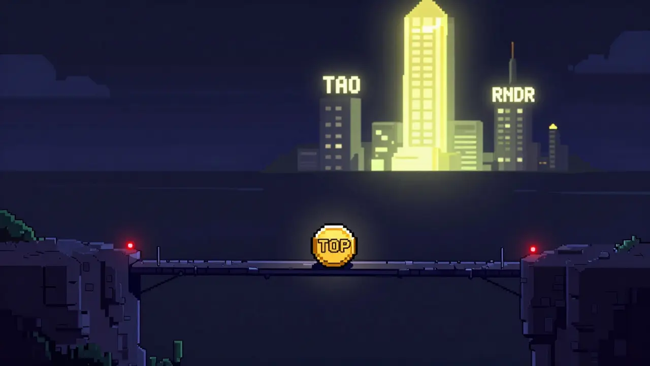 Pixel art of a small crypto coin on a fragile bridge versus large competitor towers