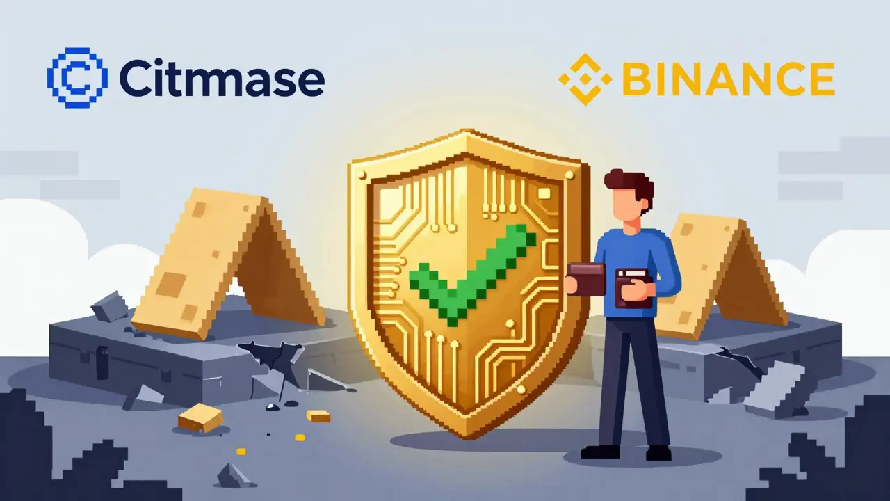 Pixel art of a user protected by a shield, avoiding a collapsing fake exchange