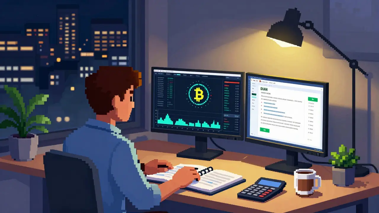 Pixel art of a user tracking crypto taxes on computer screens