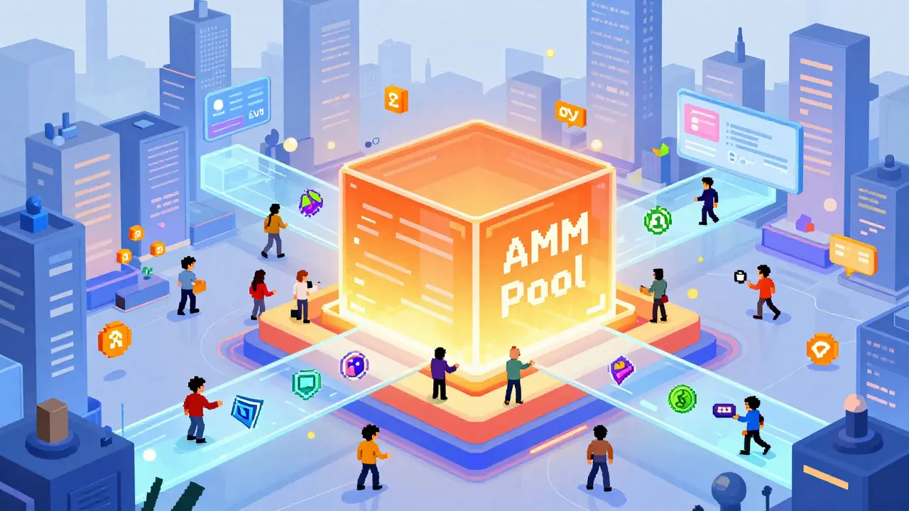 Pixel art of a vibrant digital marketplace with traders exchanging tokens in an AMM pool.