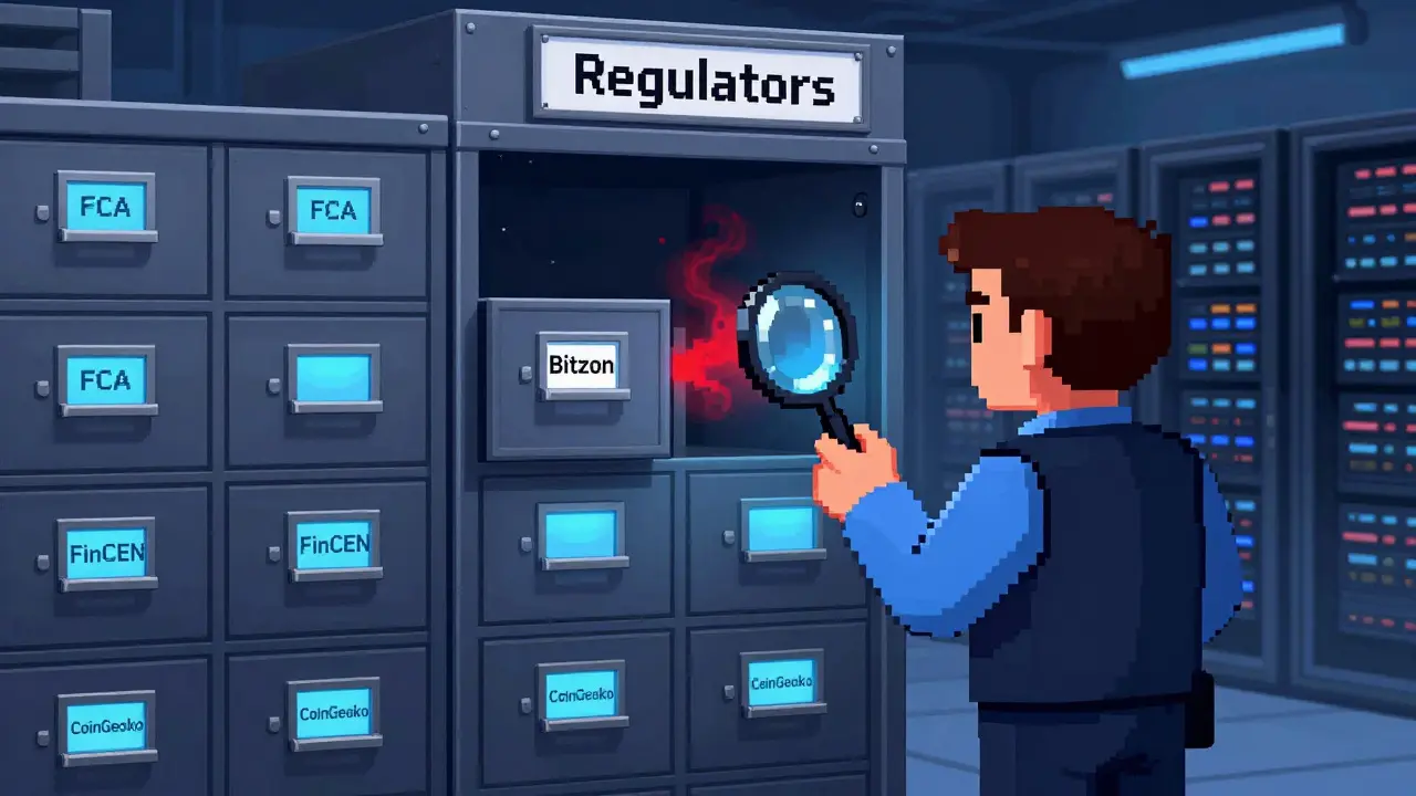 Pixel art of an auditor checking empty regulatory files for a missing crypto exchange.