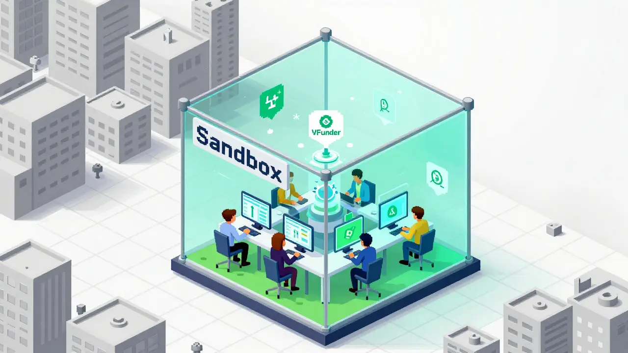 Pixel art of developers working on blockchain tech inside a regulated glass sandbox.