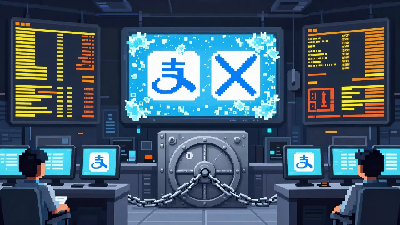 Pixel art of digital bank accounts freezing with warning alerts