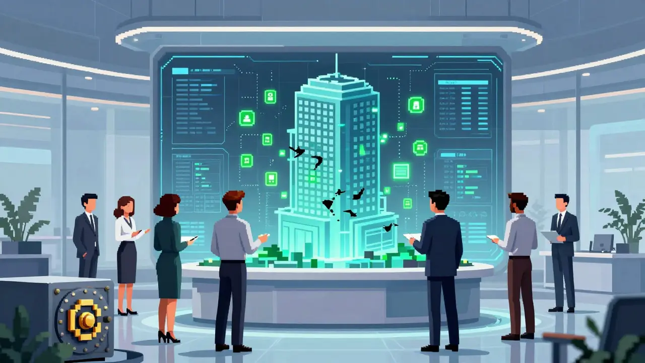 Pixel art of professionals viewing a digital tokenization model of a building
