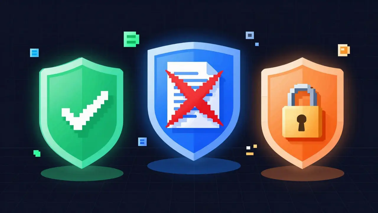 Pixel art of three digital shields representing crypto security pillars