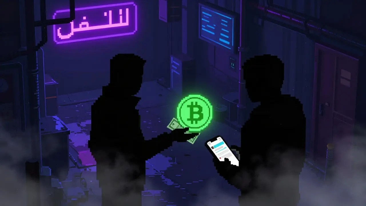 Pixel art of two people secretly trading cash for crypto in a dark, neon-lit alley.