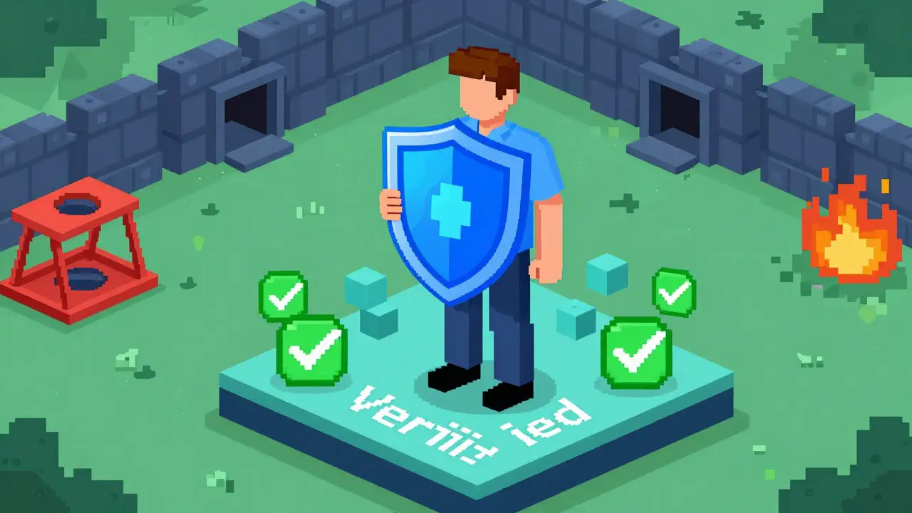 Pixel art of user securing assets with hardware wallet and firewall protection.