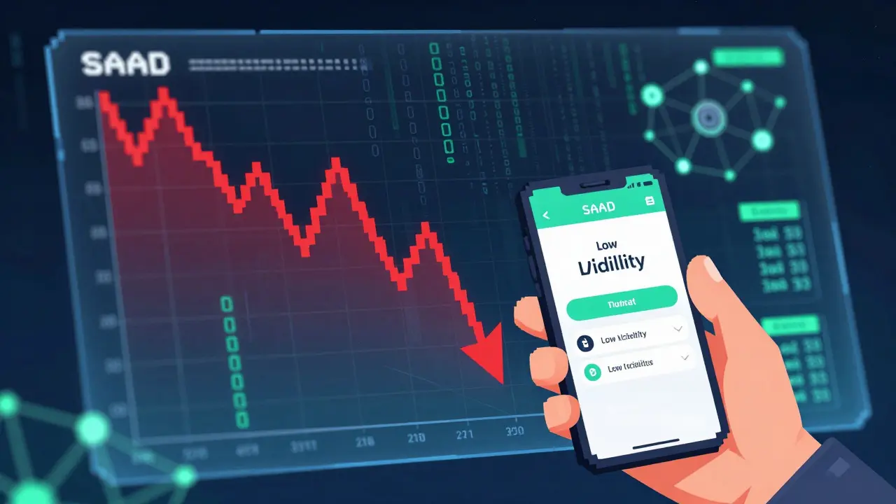Pixel art phone screen showing volatile SAAD token price chart and risk