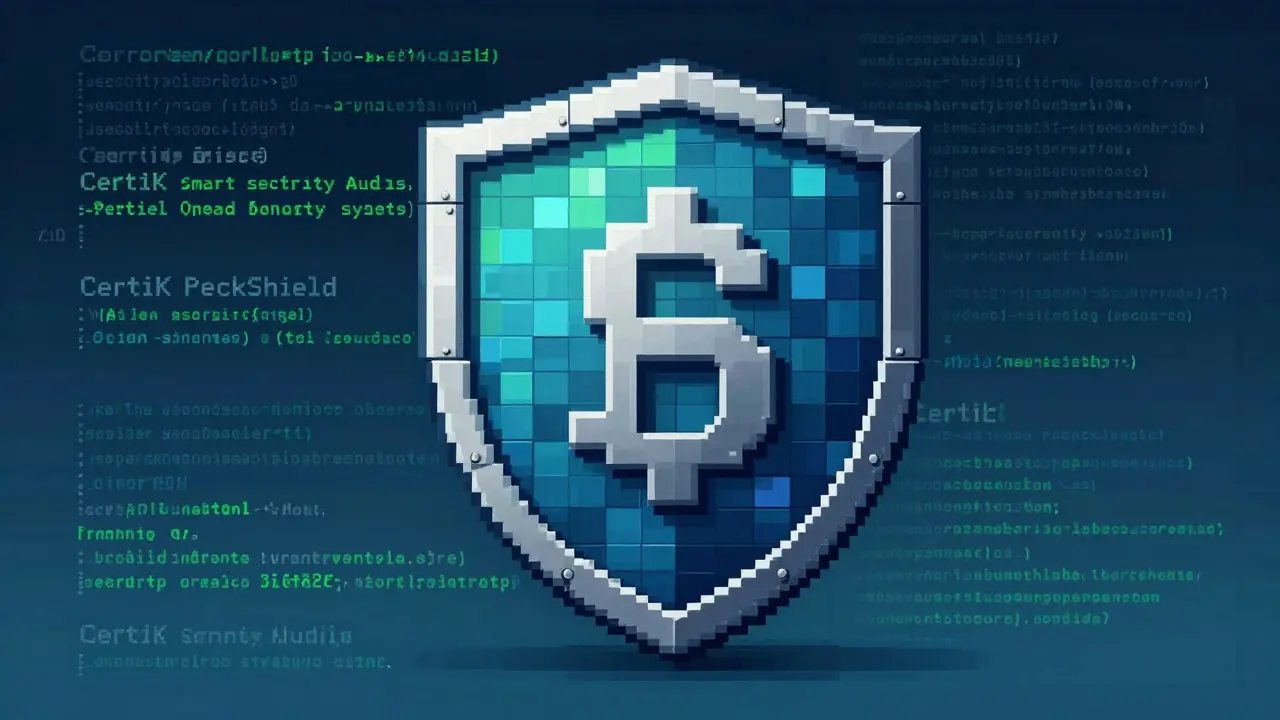 Pixel art shield protecting crypto assets, symbolizing smart contract security.