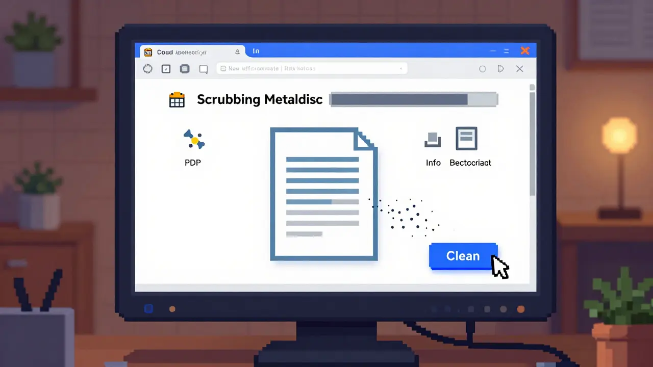 Pixel art showing a browser tool cleaning PDF metadata locally