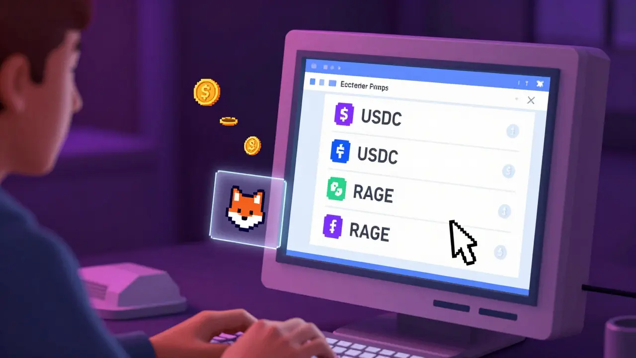 Pixel art showing a crypto swap interface with MetaMask wallet icon