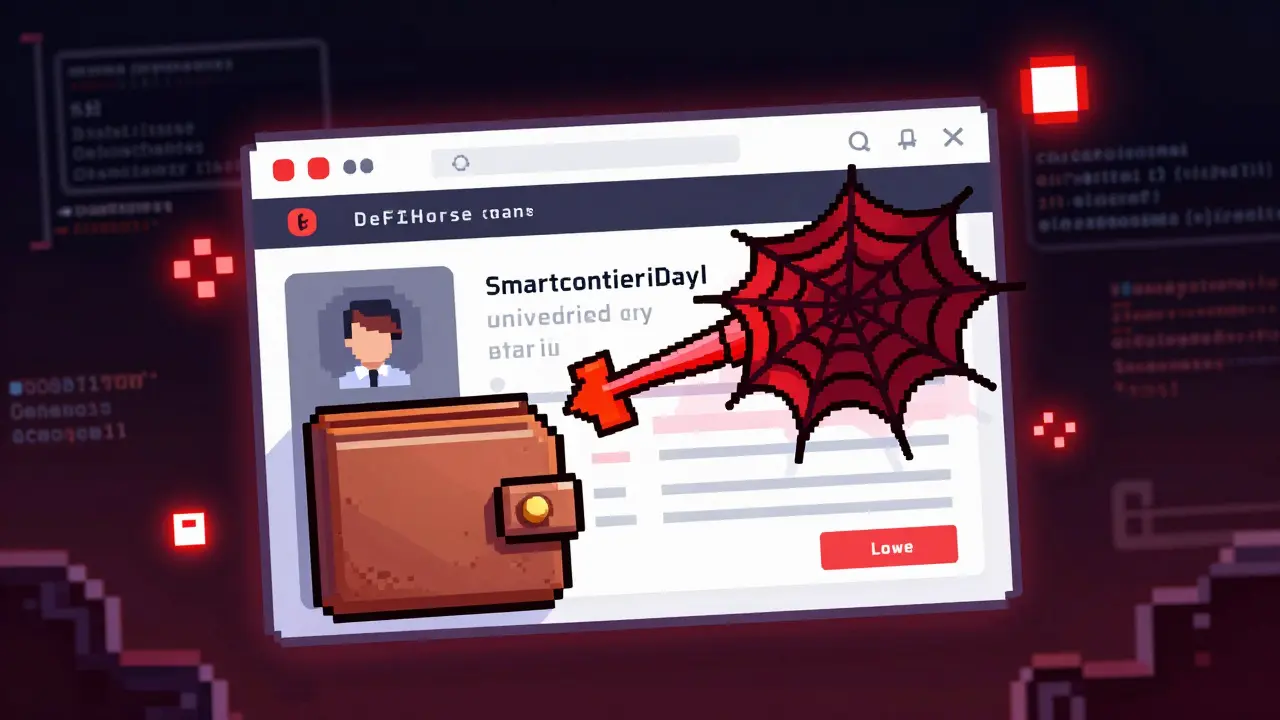Pixel art showing a wallet being drained by a malicious smart contract spider.