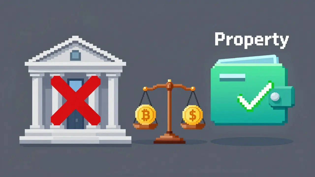 Pixel art showing banks rejecting crypto vs digital property status