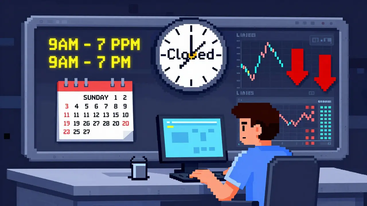 Pixel art showing closed trading terminal during market crash highlighting limited hours