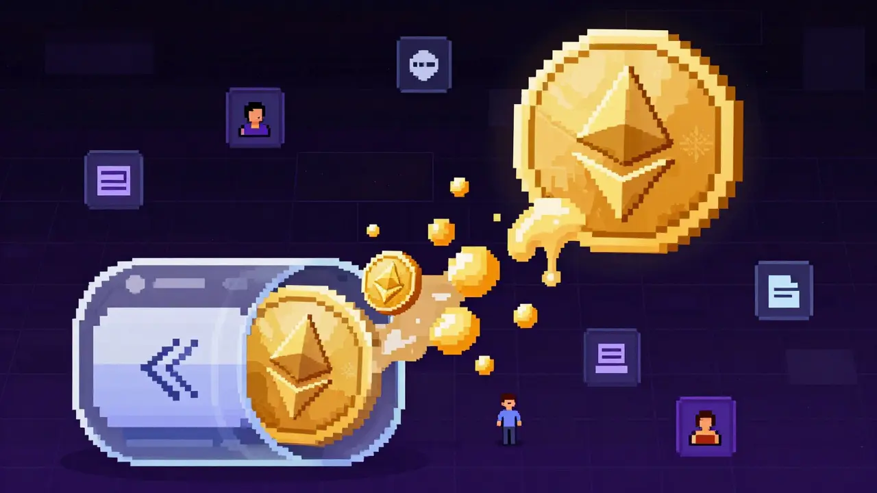 Pixel art showing ETH turning into liquid tokens for flexible DeFi use.