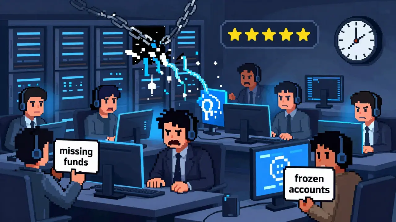 Pixel art showing frustrated users and broken servers at a bad exchange