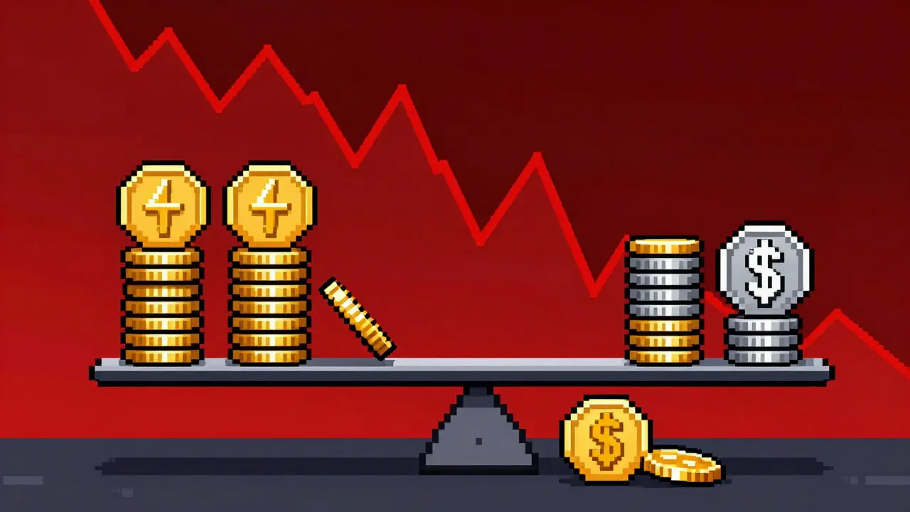 Pixel art showing imbalance and falling coins representing impermanent loss