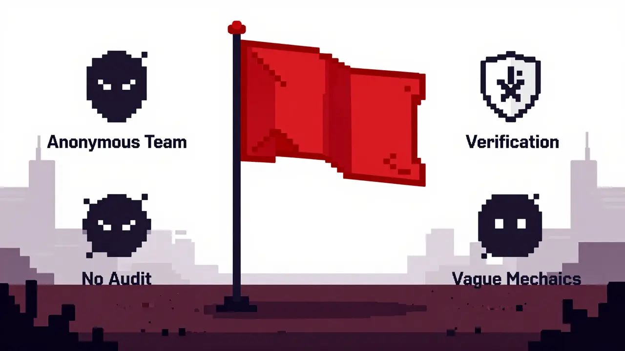 Pixel art showing red flags and warning signs around anonymous crypto projects
