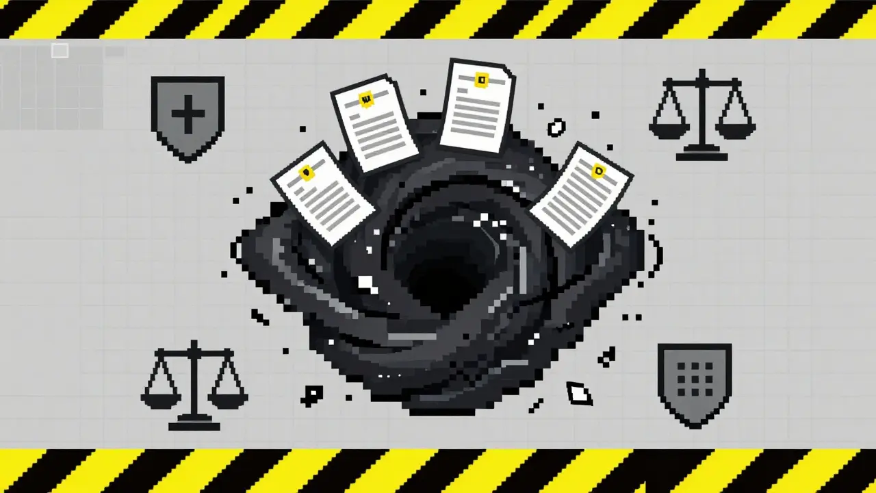 Pixel art showing regulatory licenses being consumed by a digital black hole