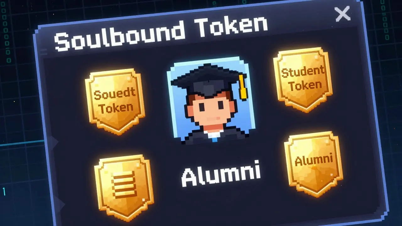Pixel art showing soulbound identity tokens on a digital card