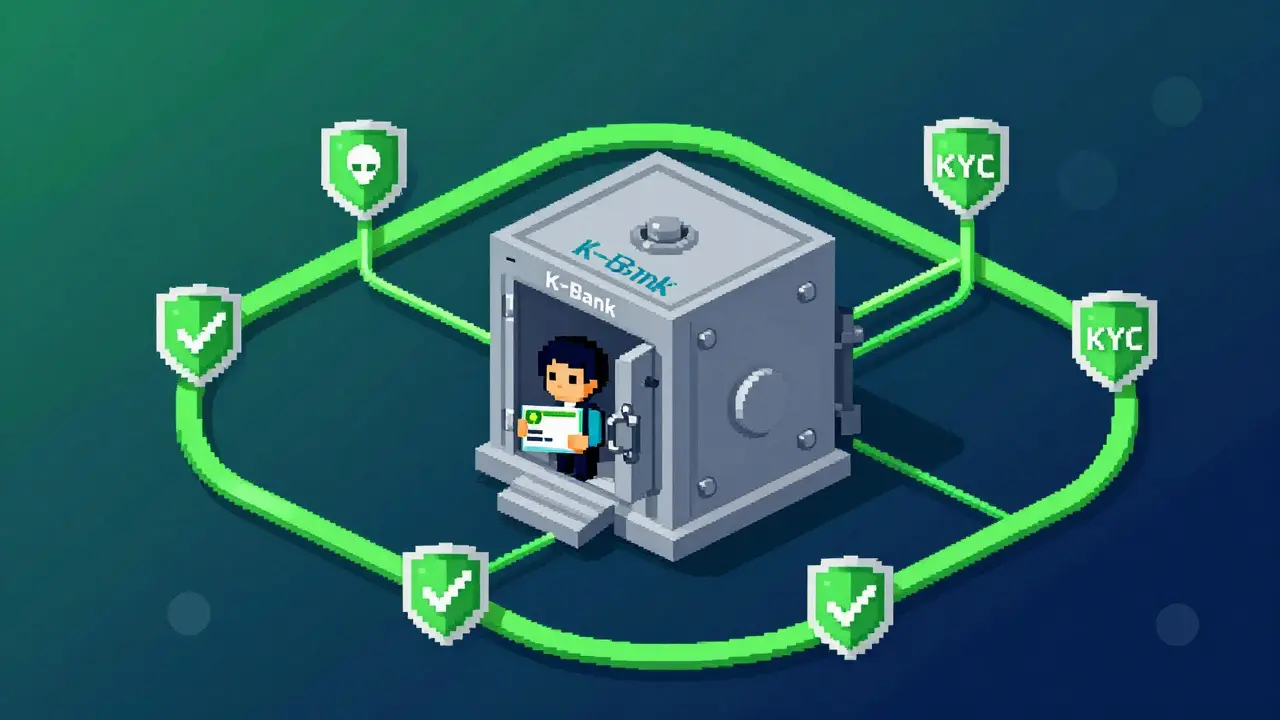 Pixel art showing the secure link between a Korean bank account and crypto exchange