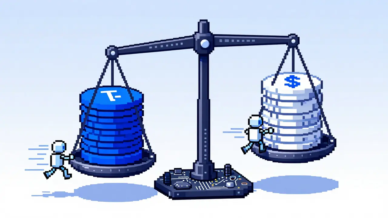 Pixel art showing token imbalance and arbitrage bots in a pool