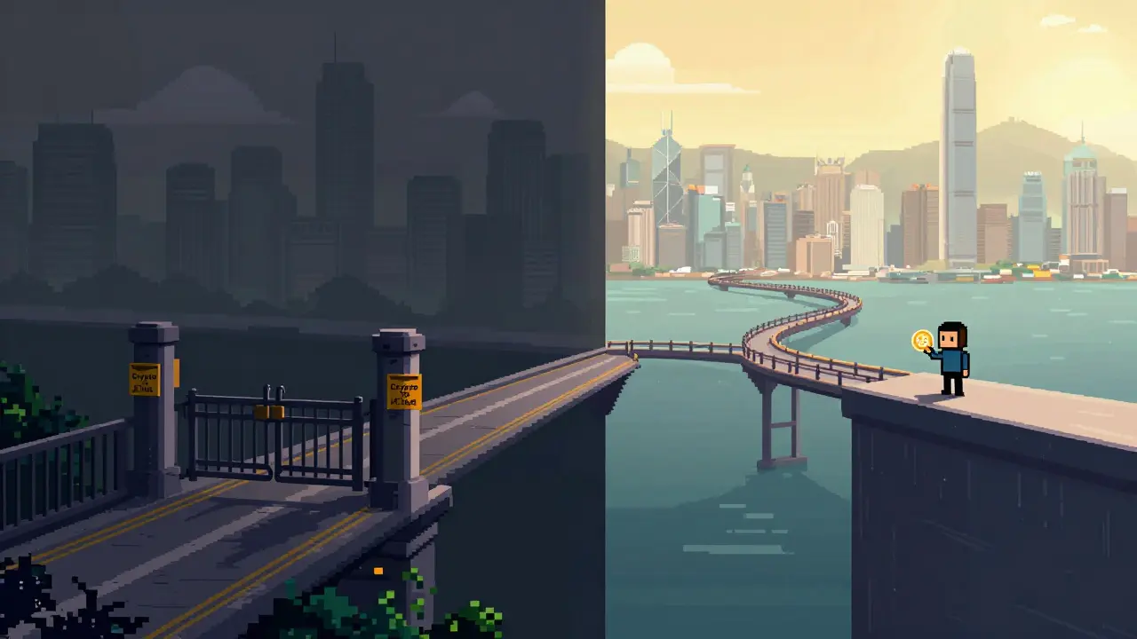 Pixel art split view showing blocked crypto paths vs open offshore options.