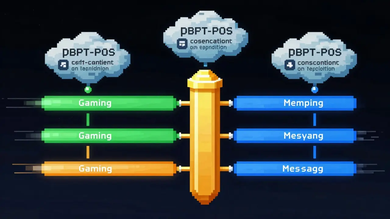 Pixel art visualizing a three-layer blockchain architecture with parallel chains