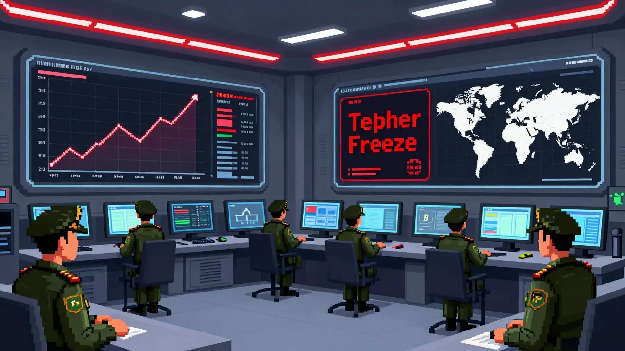 IRGC officials monitoring crypto markets on screens in a bunker