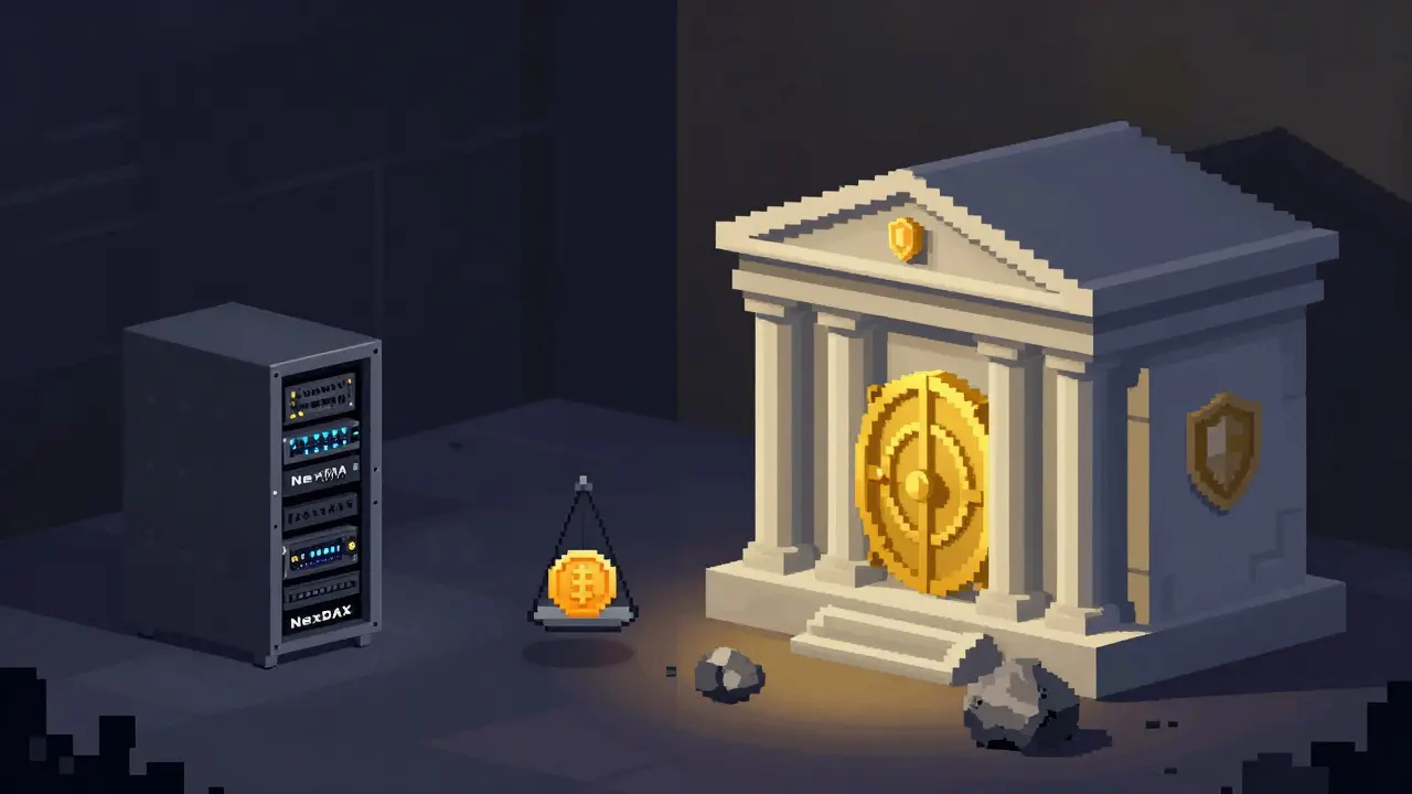 Pixel art comparing an unsecured server to a fortified bank, weighing fees against safety.