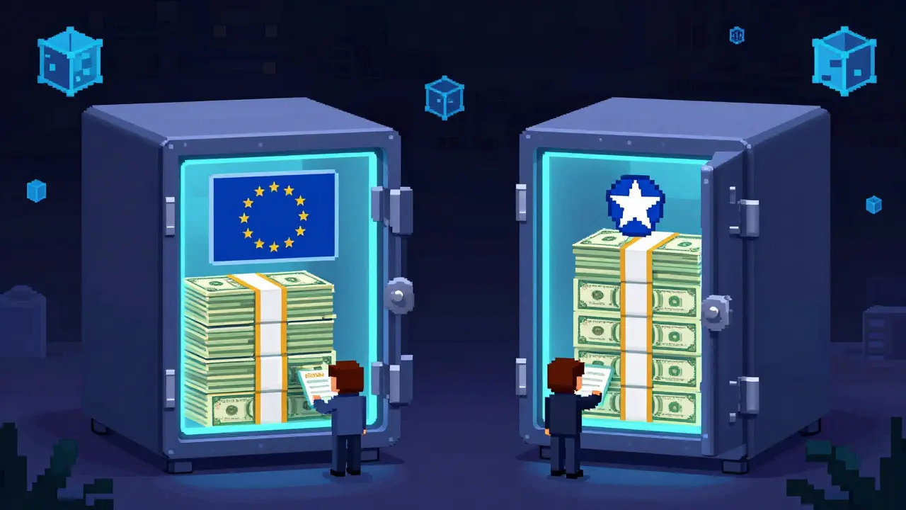 Pixel art comparing EU cash reserves to US Treasury bonds
