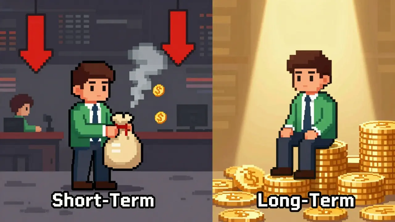 Pixel art comparing short-term high taxes versus long-term low tax benefits.