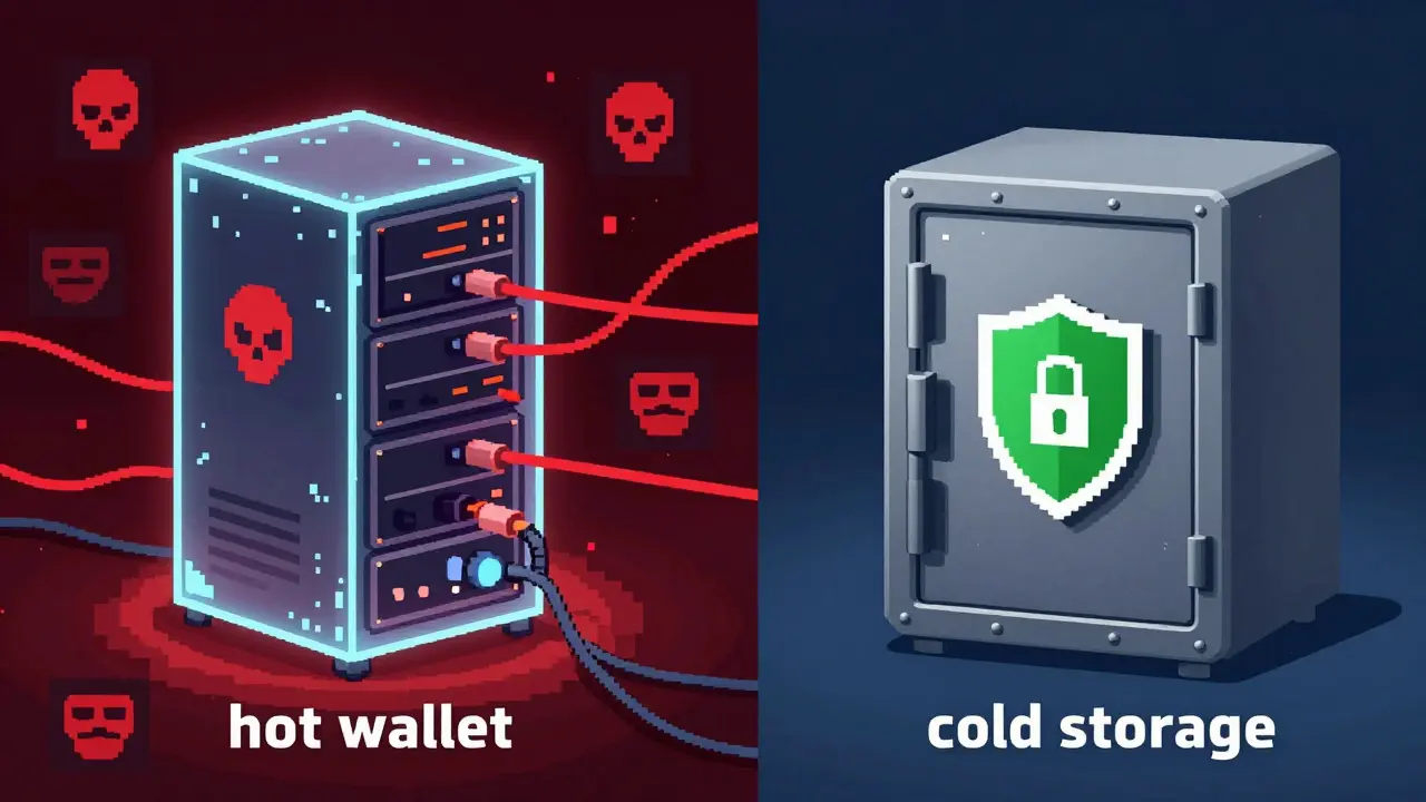 Pixel art comparing vulnerable hot wallets to secure cold storage